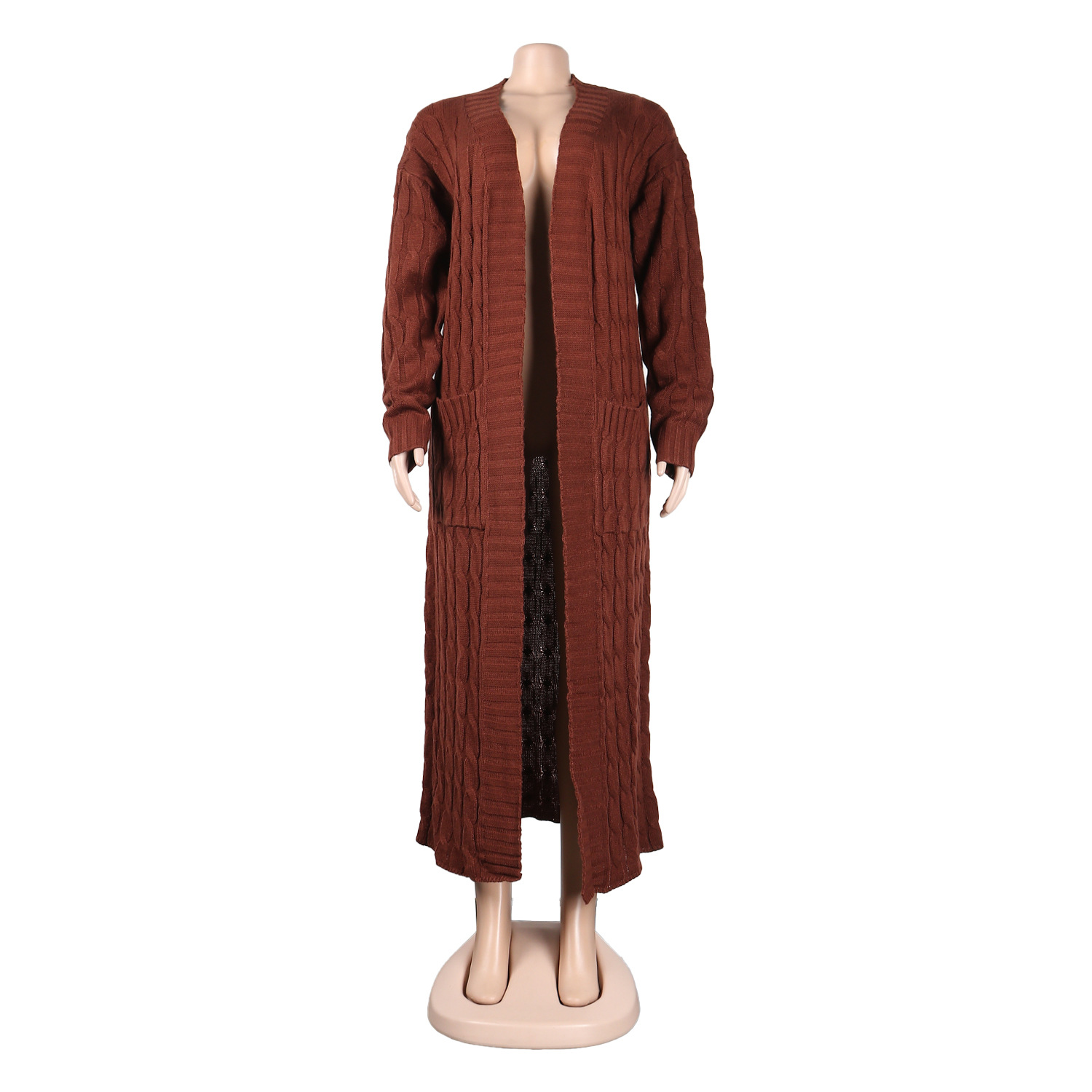Damen Strickjacke Lang Aus Grobstrick In Unifarben Wintermantel_voghion.com