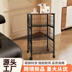 跨境新款现代碳钢置物架滑轮可移动多层蔬篮夹缝架水果篮杂物收纳
