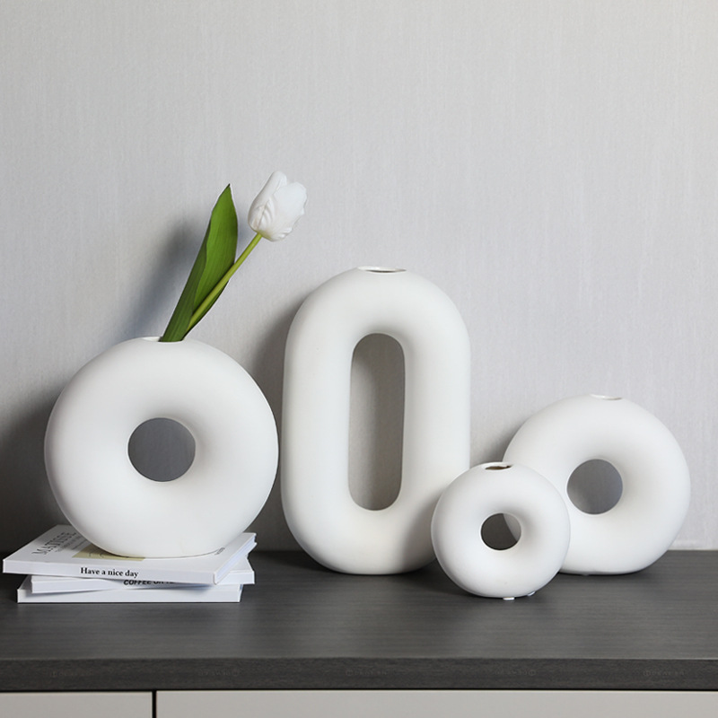 Nordic style donut ceramic vase white circle flower holder dried flower simulation flower home soft decoration ornaments