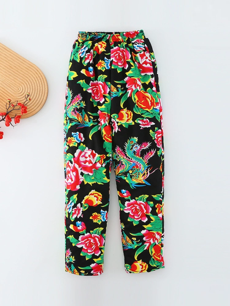 Фиолетовая Ни Ни Floral Демисезонные тёплые брюки, свободный прямой крой, высокий пояс, шёлк-хлопок, цветной принт