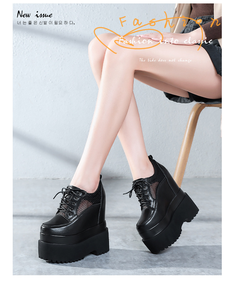 Giày sneaker nữ đế dày tăng chiều cao 16 cm, dây buộc, lưới thoáng khí — màu đen chi tiết 5