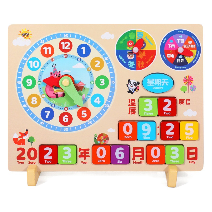 Calendario de madera los niños reloj multifuncional tiempo temporada semana temperatura cognición bebé educación temprana iluminación Juguetes