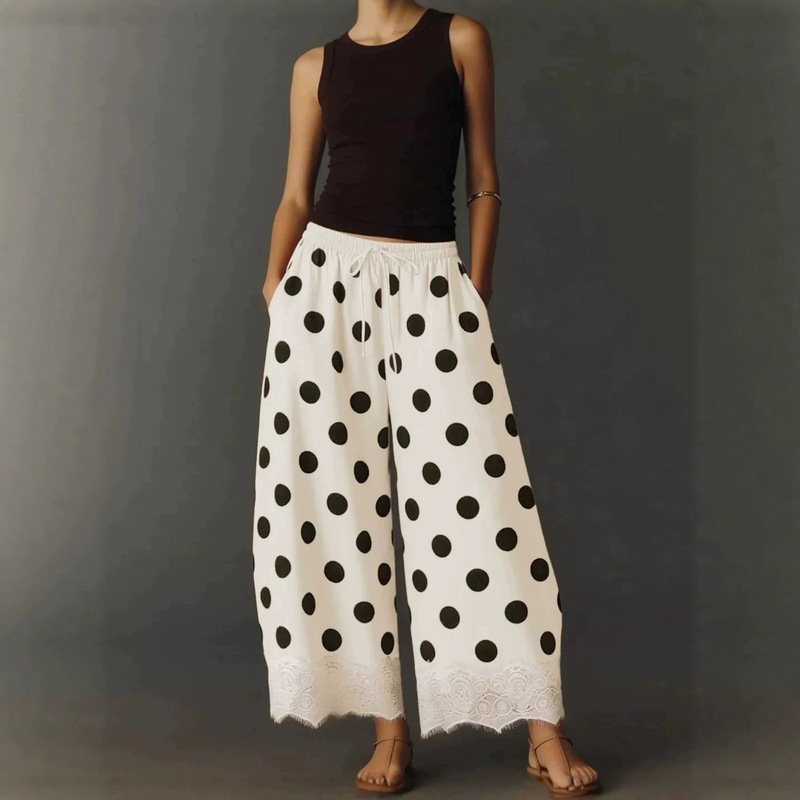 Cross-border foreign trade 2026 new women's polka dot loose wide-leg pants, casual retro elastic waist cropped wide-leg pants Cross-border foreign trade 2026 new women's polka dot loose wide-leg pants, casual retro elastic waist cropped wide-leg pants