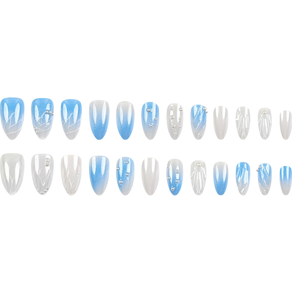 Ventas transfronterizas de perlas adornadas manicuras 3D onduladas parches de uñas de moda elegante gradiente de uñas azul y blanco