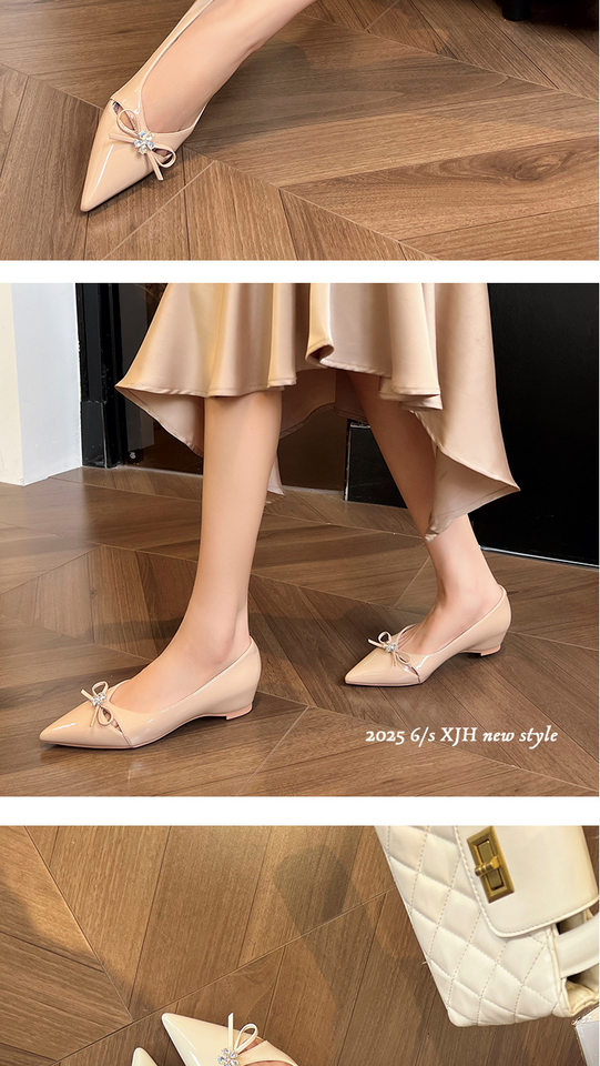 Giày búp bê nữ mũi nhọn đế bằng đính pha lê hoa nơ, độn cao bên trong — Màu bạc, Màu mơ, Màu trắng be chi tiết 10