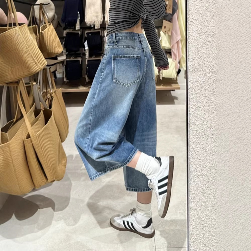 Plus-Size Vintage American-Style Blue Cropped Jeans for Women, Spring Season, Loose High-Waisted, Slimming Straight-Leg Wide-Leg Mid-Length Pants