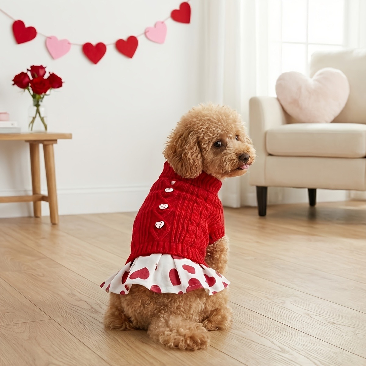 Robe pull tricotée pour chien, automne et hiver, vêtements pour animaux de compagnie, rouge, rose, motif d'amour, costume pour petit chien, Teddy Bichon