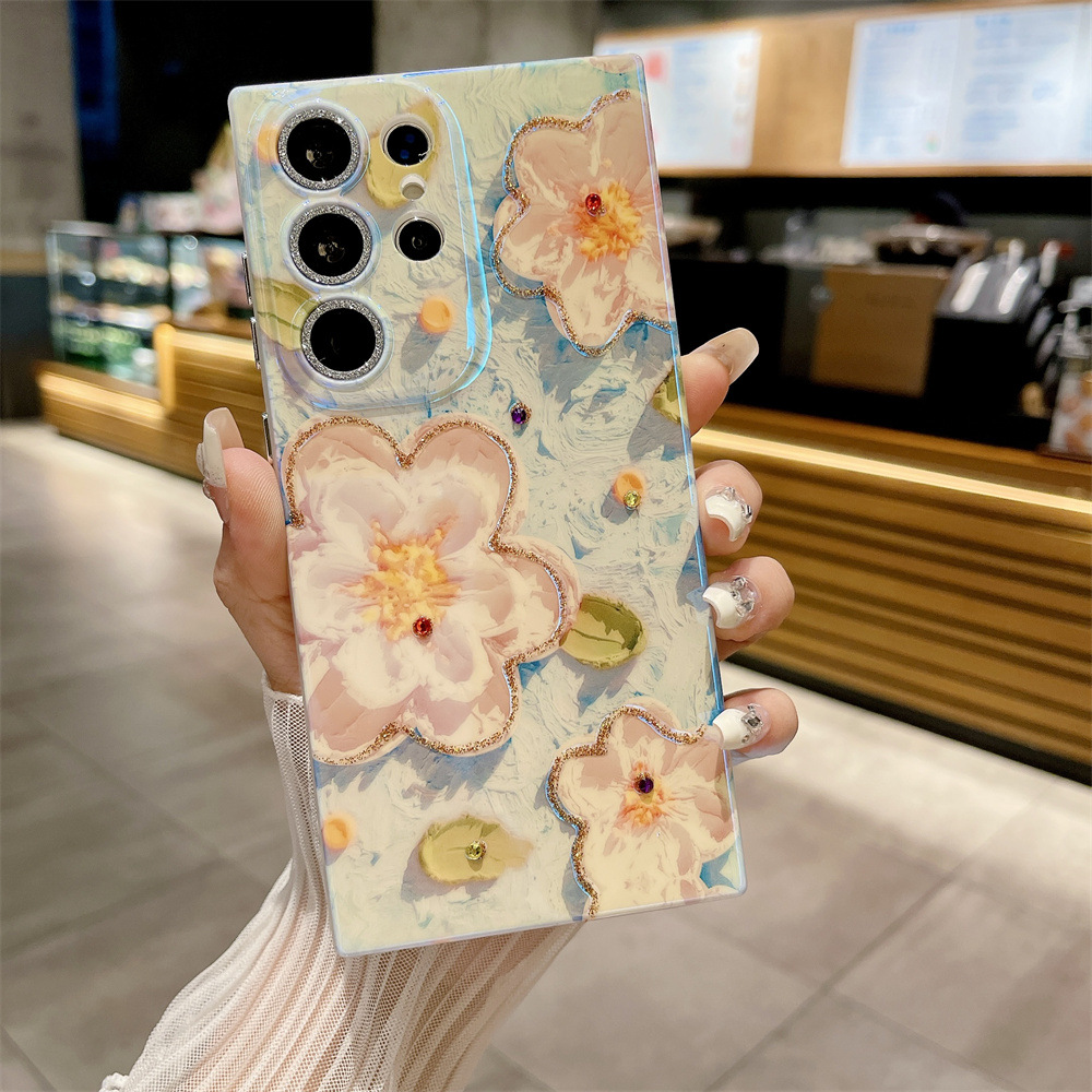 Blaulicht Strass Blumen Handyhülle Für Samsung S25 Ultra_voghion.com