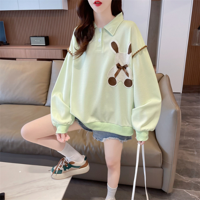 Waffle bordado suéter para las mujeres 2023 otoño y el invierno Nuevo flojo adelgaza lindo pequeño jersey de cuello POLO top