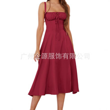 跨境欧美2025亚马逊夏季新款纯色吊带系带连衣裙下摆开叉度假长裙
