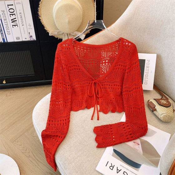 Hollow-out Hook Knitted Outer Cardigan Summer Thin Lace-up Long-sleeved Shawl Blouse Short Top