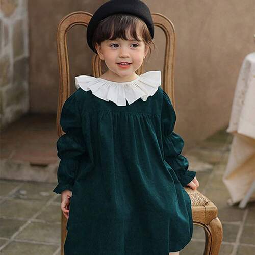 Girls 'retro corduroy lace collar bubble sleeve dress