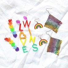 欧美跨境新款彩虹耳环创意几何字母简约爱新甜美七彩亚克力耳饰女