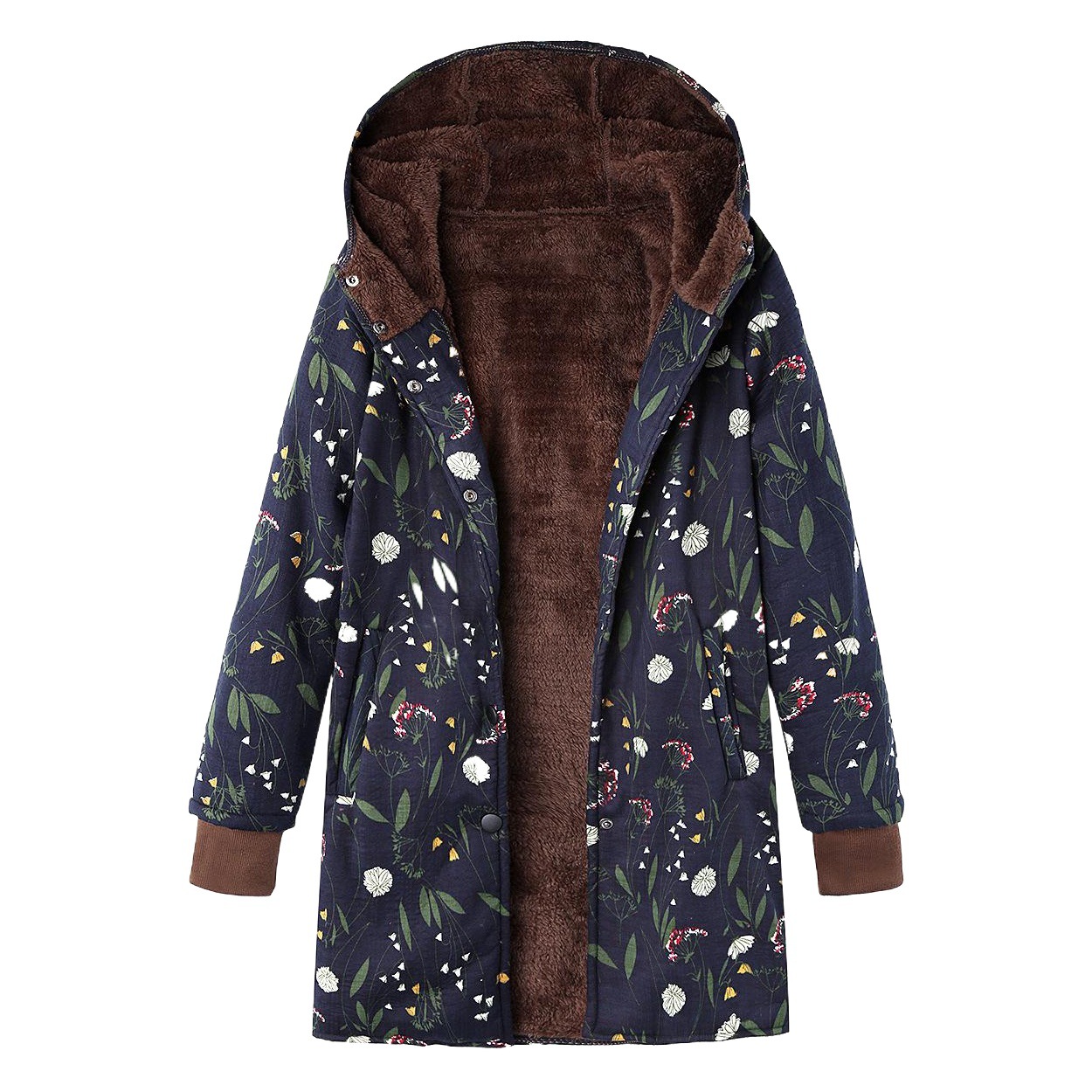 Abrigo de algodón grueso con capucha y manga larga acanalado para mujer, con estampado floral vintage, chaqueta con capucha de talla grande 9958