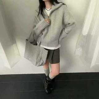 初秋新款韩系大翻领拉链针织衫开衫纯色长袖毛衣外套女秋设计感