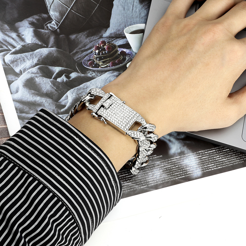Men's double row diamond hip-hop style bracelet, grand and exaggerated Cuban bracelet_voghion.com