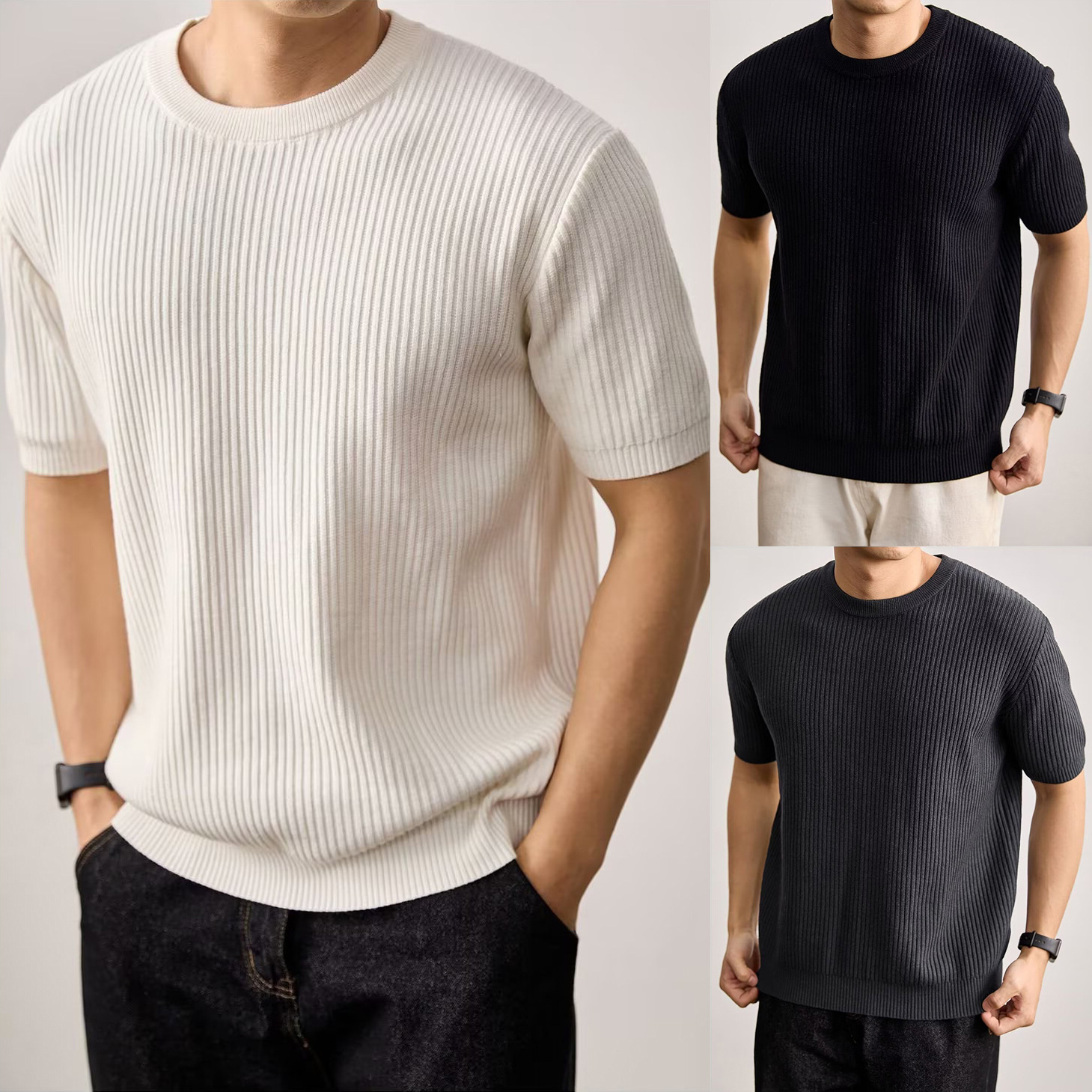 camiseta de punto camiseta de manga corta hombre elástico agujero vertical rayas viejos negocios hielo seda fábrica transfronteriza al por mayor