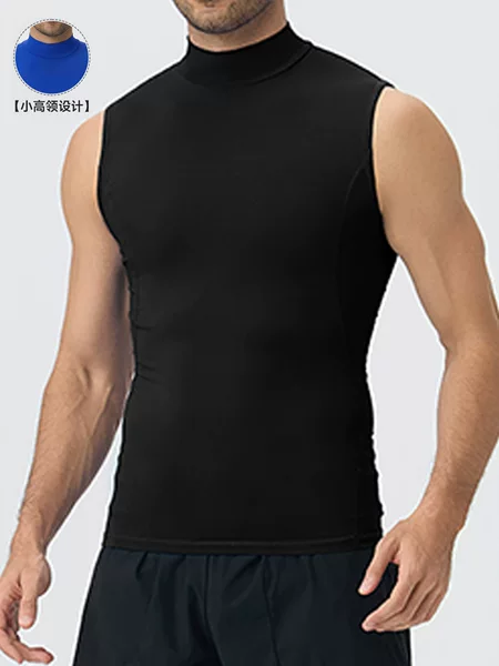 Men's high-neck, sleeveless, athletic, tight-fitting, stretchy, moisture-wicking, quick-drying, fitness, running, and training base layer top