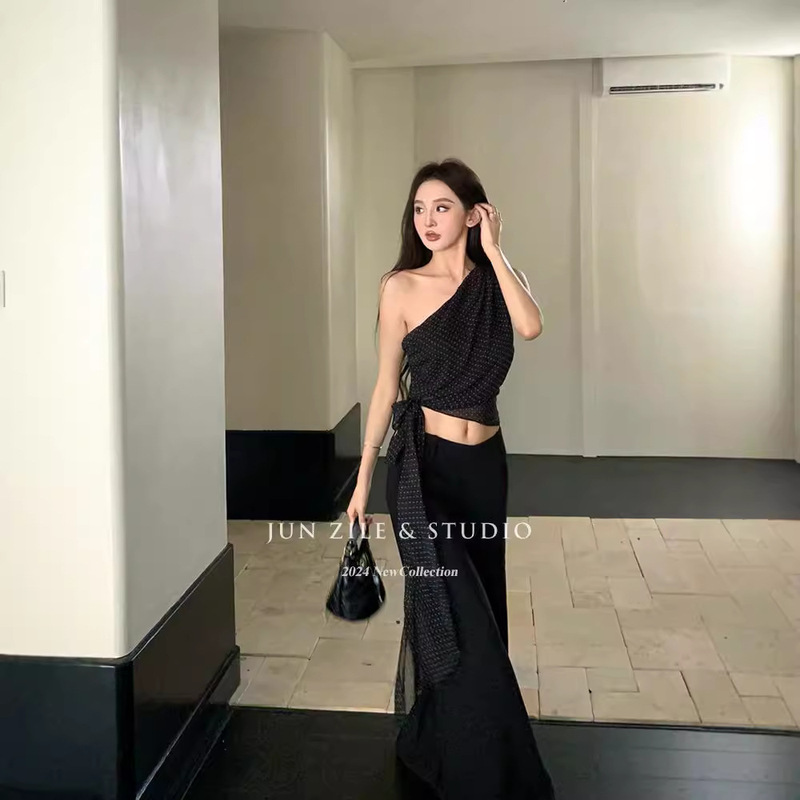 Designed Polka-Dot Slimming Slanted Shoulder Top Women's Black Straight Wide-Leg Trousers Autumn Women's Fashion Suit