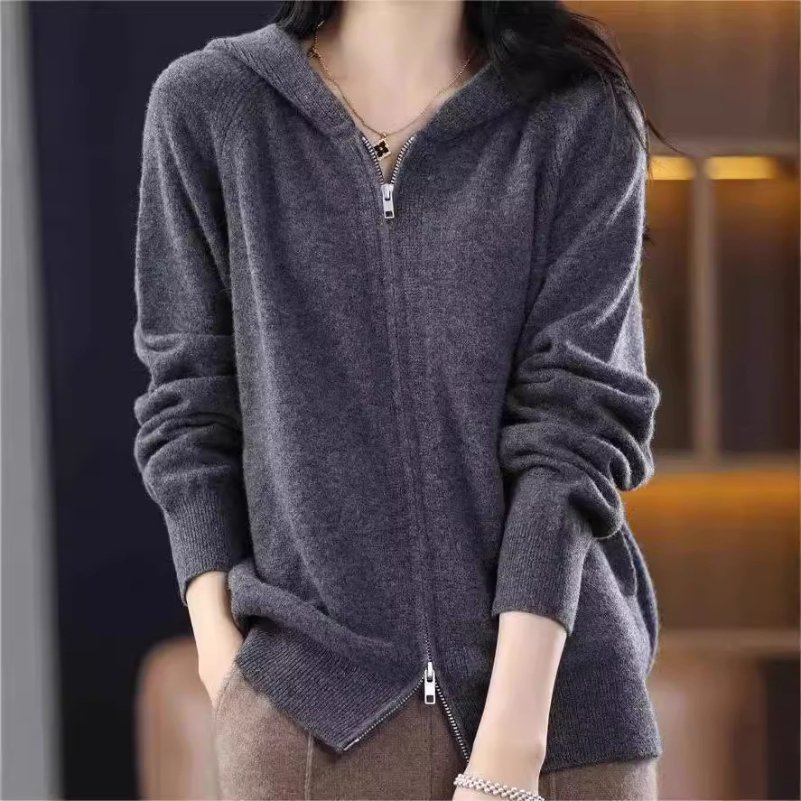 Korean Hooded Double Zipper Sweater Women's Jacket Spring and Autum New Long-Sleeved Outer Wear Lazy Style Knitted Cardigan Top