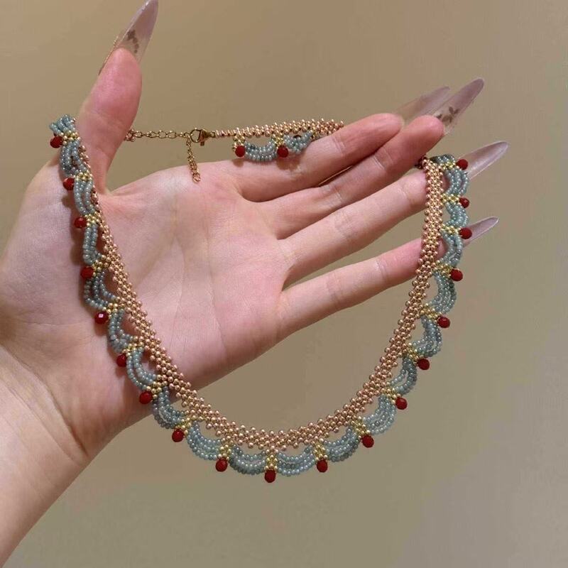 New Chinoiserie Multi-Layered Lace Red and Blue Contrasting Beaded Necklace Women's 2025 New High-End Chinoiserie Accessories Necklace