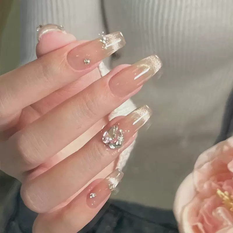 晶石猫眼穿戴甲纯色爆闪堆钻美甲贴片24片中长款甜美可拆卸假指甲