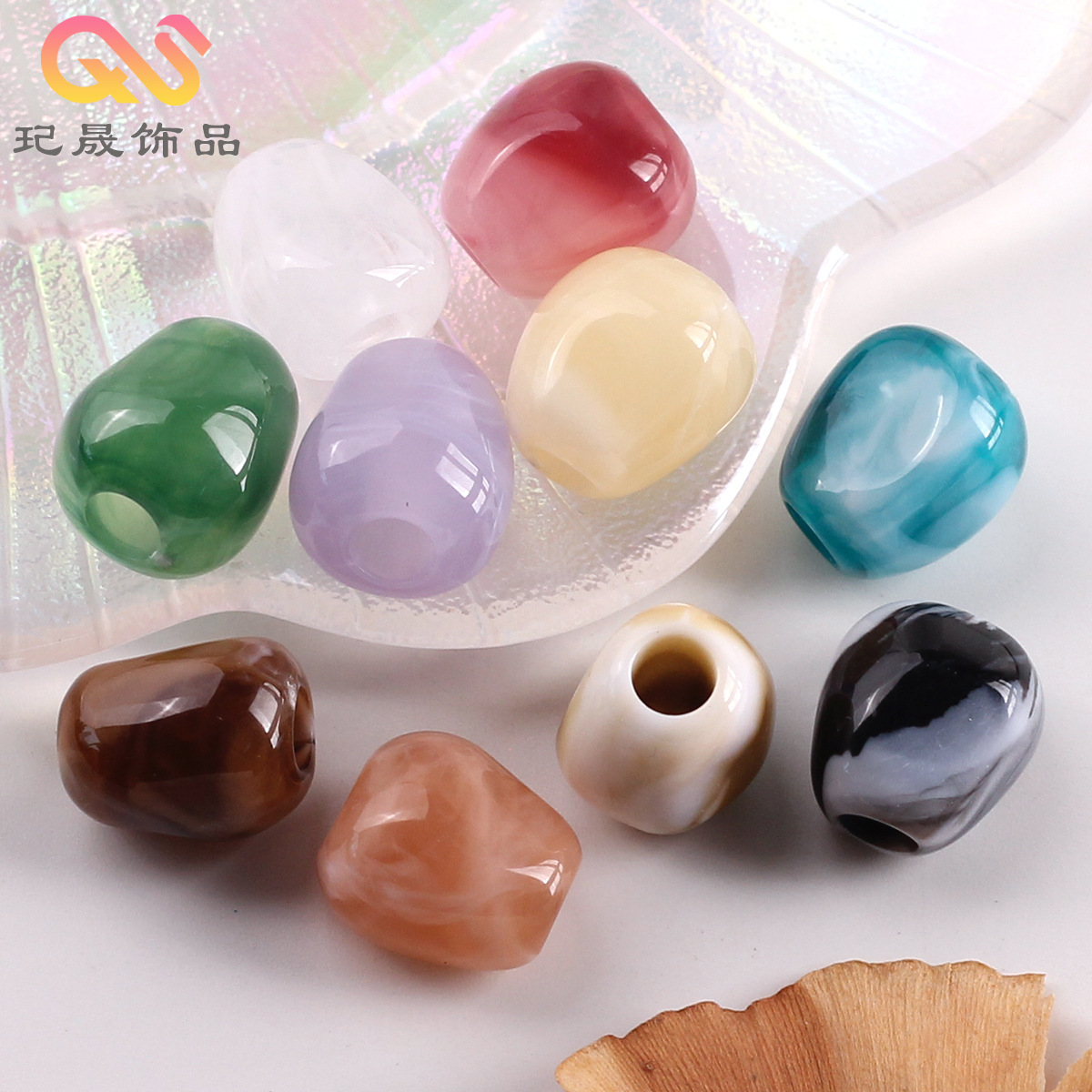 不规则双色仿玉大孔大孔异形珠DIY珠仿石头手串手机链编制包材料