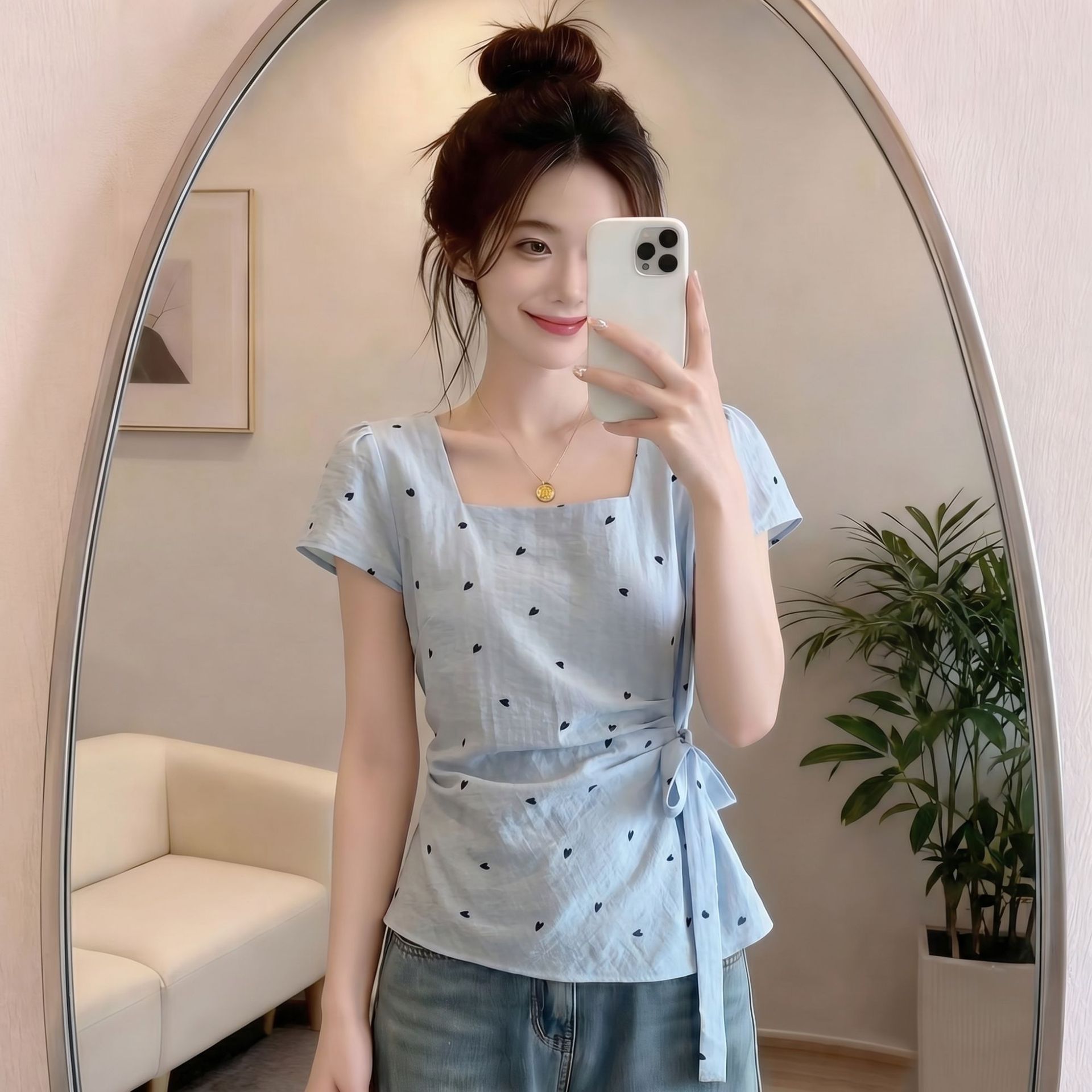 Áo sơ mi nữ cổ vuông in hình trái tim, tay ngắn, phong cách Hàn Quốc, dáng suông tôn dáng — xanh lam chi tiết 4