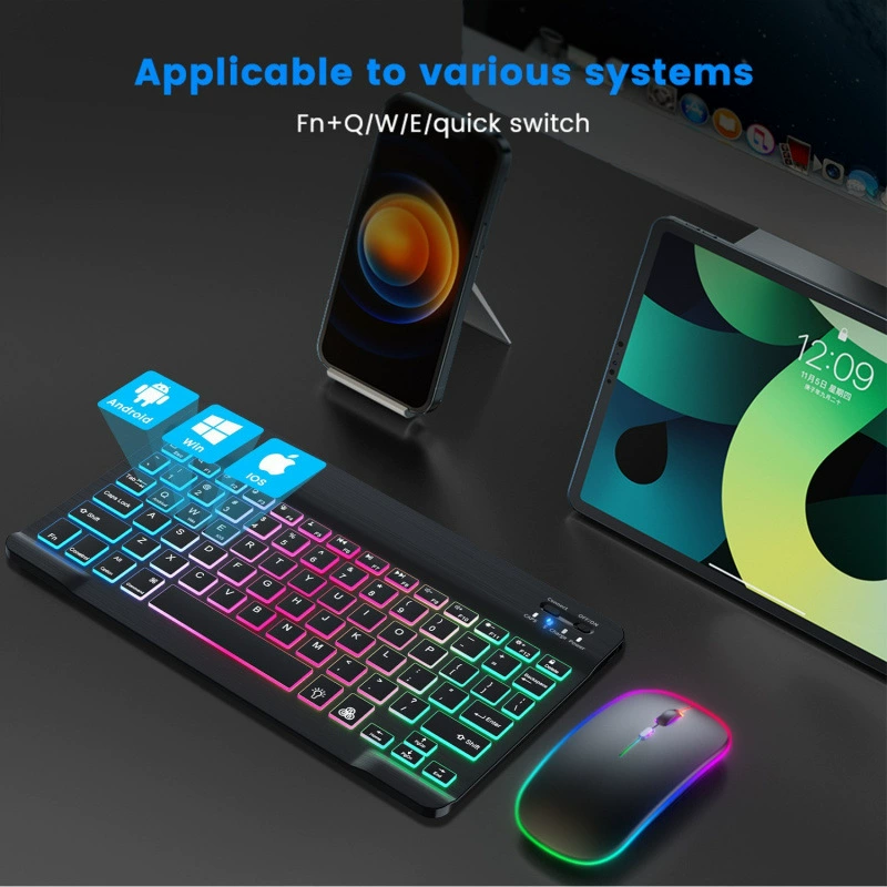 Bluetooth RGB 7-Цветной Подсветкой Клавиатура и Мышь Комплект для Планшетов и Телефонов, 10 Дюймов
