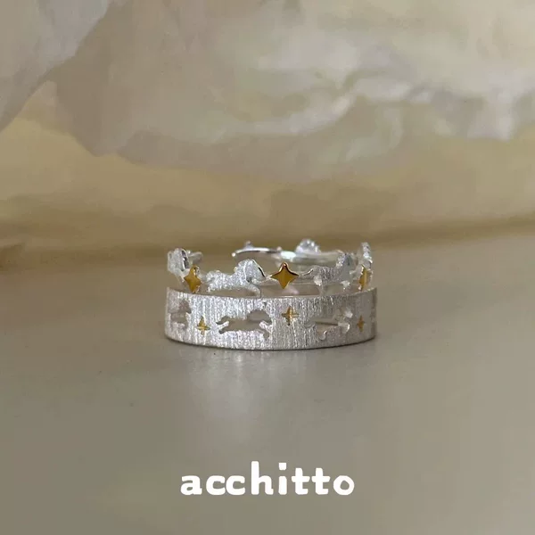 Minsheng【Starlight Pony】Unique Design Small Flying Horse Star Brushed Ring, Fashionable and Versatile Ring