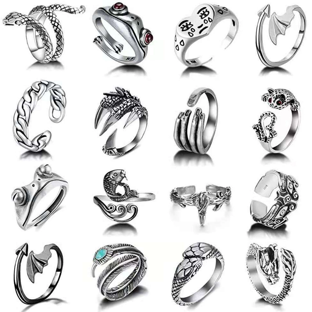 Retro Adjustable Ring Set, Punk Style, Alloy Electroplated, 16-Piece Mix (Adjustable)