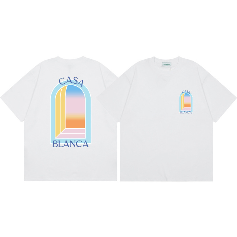 クロスボーダー2025夏服カサブランカドア枠ロゴプリント男女ゆるい半袖tシャツ重ポンド綿|undefined