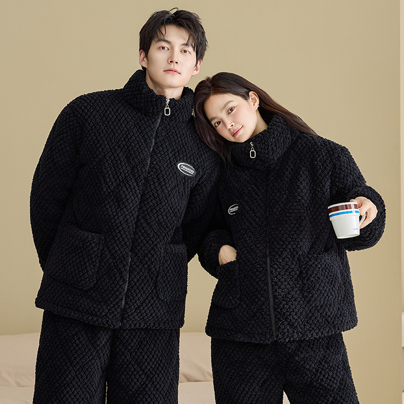 Couple Pajamas Autumn and Winter Coral Velvet One Man and One Woman Thickeneded Fleece-Lined Three-Layer Quilted Can Be Worn Outside Home Clothes Set