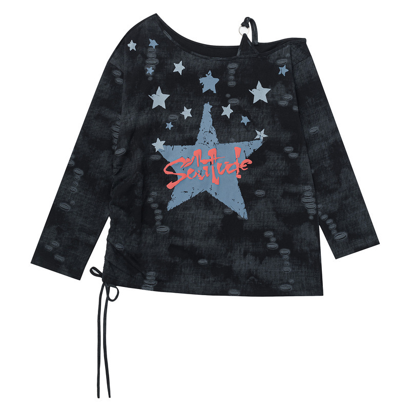 Qilin Men's Clothing Light Asian Style Star Graffiti Off-Shoulder Long Sleeve T-Shirt for Women Spring 2026 New Slim Fit Slimming Off-Shoulder Design