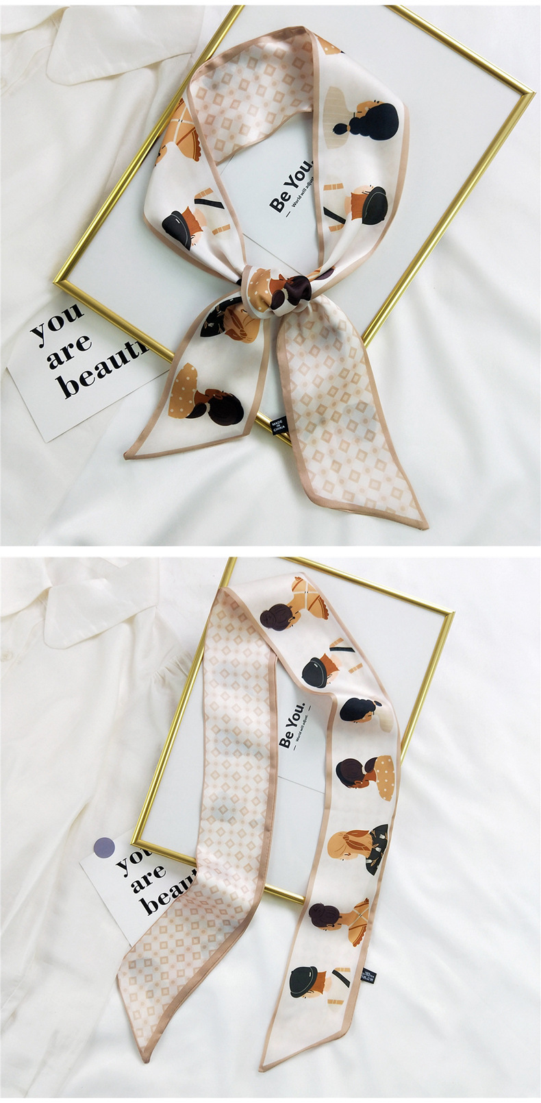 20g Weight Silk Scarf Classification Travel Occasion Unisex Gender Sweet Style Khaki, Multicolor, Dark Blue, White, Red, Green, Blue, Yellow, Black Color Fashion Silk Scarf Hair Tie 4
