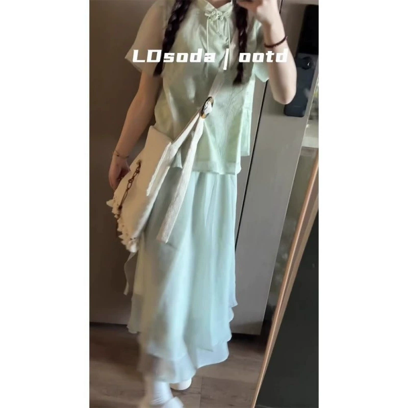 Новый костюм в национальном стиле в китайском стиле для женщин, летняя миниатюрная леди, комплект из двух предметов с дизайном в нежном стиле, топ и юбка