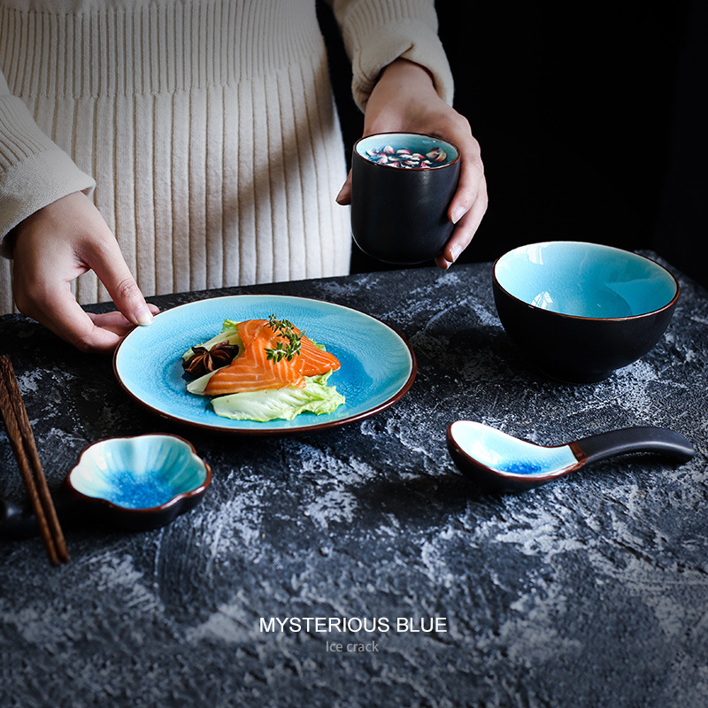 Grieta de hielo de estilo japonés comida de una sola persona vajilla de mesa de cerámica traje a juego tazón plato cuchara taza cena plato hotel restaurante suministros