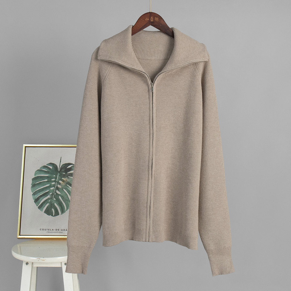 Bộ áo cardigan dệt kim khóa kéo phối quần dài ống rộng nữ — màu bột yến mạch, màu nâu, màu xám, trắng chi tiết 4