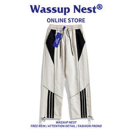WASSUP NEST 美式高街休闲裤男春季潮牌运动长裤酒红色高级感裤子