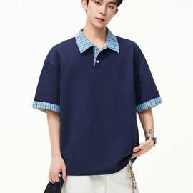 美式复古假两件拼接格纹POLO短袖T恤男女潮牌学院风情侣上衣
