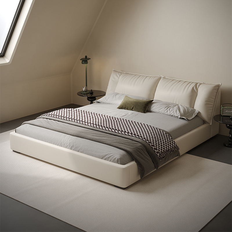 Estilo crema de cuero real cama 1,8*2 M simple dormitorio principal tatami cama primera capa de cuero de vaca suave bolsa de alta gama de la boda