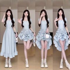 プラスサイズの女性のフレンチデザイン巾着半袖スクエアネックドレス女性の夏の新しいウエスト痩身ロングスカート