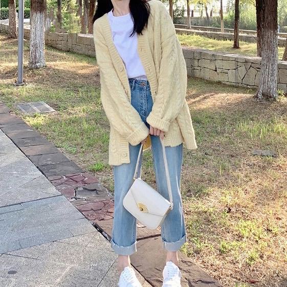 2024 primavera y otoño nuevo suéter perezoso abrigo con cuello en V diseño de moda cardigan de punto medio-longitud superior del hombro para las mujeres image 3