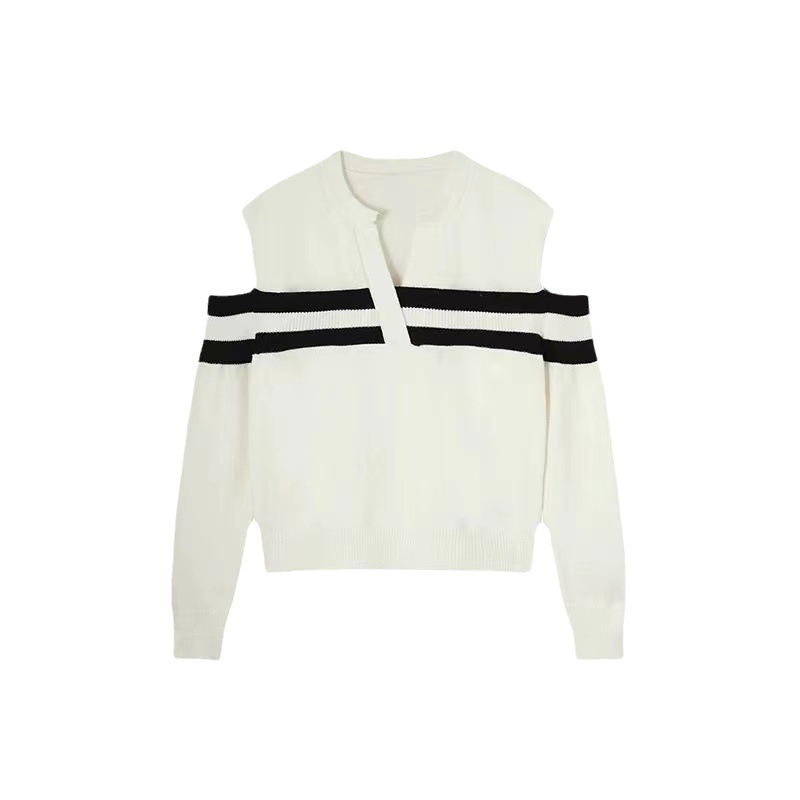 Estilo francés fuera del hombro suéter con cuello en v para mujeres 2023 otoño nuevo hilo de costura en blanco y negro todo fósforo estilo chanel top image 7