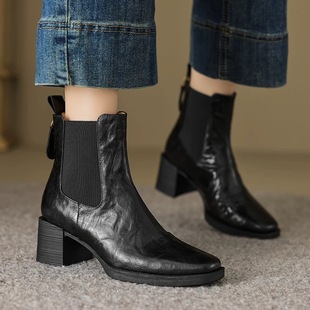 Sheepskin Chelsea short boots women's thick heel 2024 new genuine leather retro square toe cotton boots autumn and winter high heel Martin boots