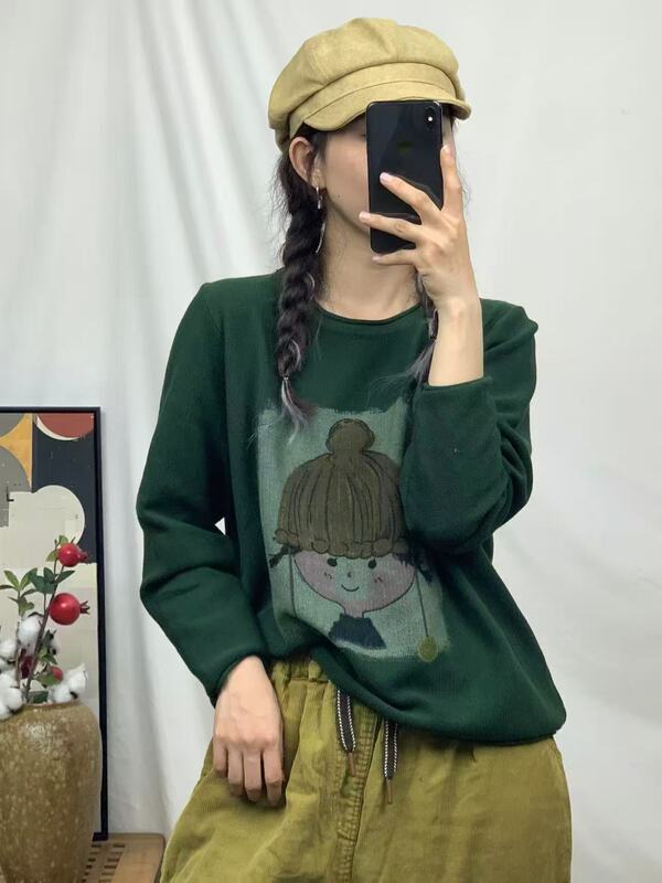 新品厚款复古宽松圆领套头棉线针织衫卡通印花毛衣女|undefined