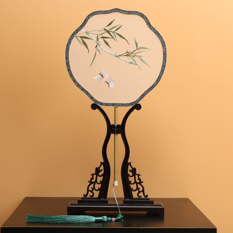 Estilo antiguo translúcido abanico redondo de mango largo bordado abanico redondo corte clásica abanico de bordado femenino estilo chino ventilador de la danza al por mayor