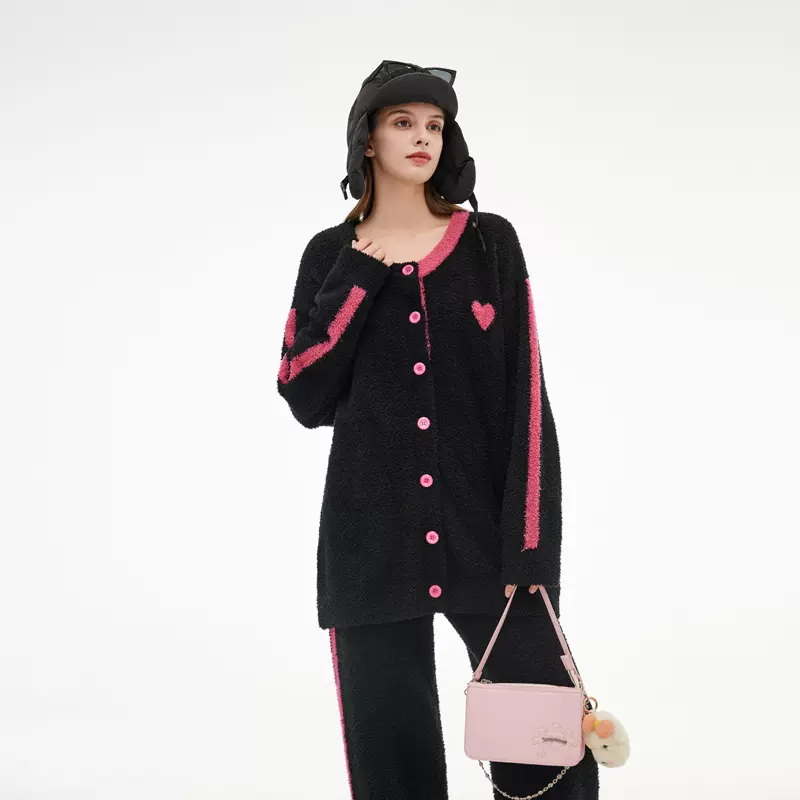 半边绒睡衣女秋冬宽松套装加厚加绒甜美爱心开衫保暖家居服可外穿