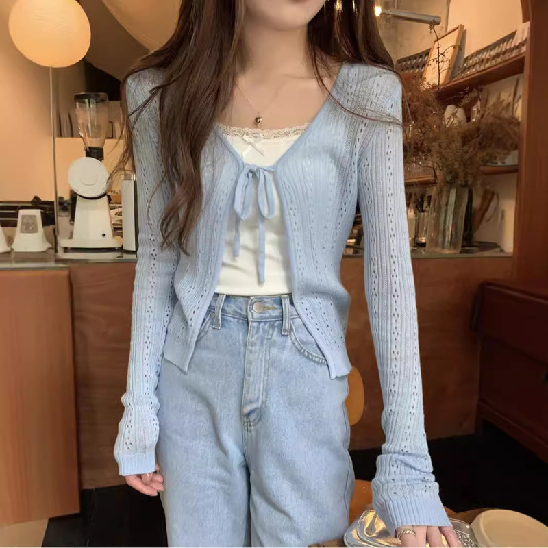 5889 # Thin Cut Out Lace-Up Sun Protection Shirt for Women, Summer V Neck Short Knitted Cardigan with White Top, Trendy