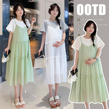 实拍夏季新款孕妇装韩版纯T恤拼接雪纺连衣裙假两件套白色绿色